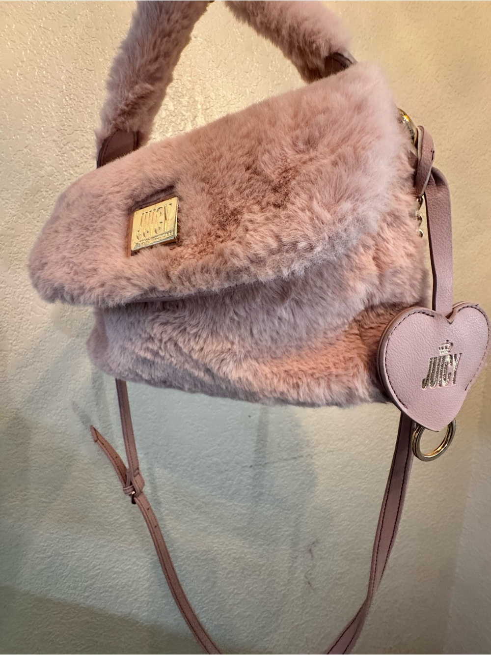 Juicy Couture Dusty Pink Faux Fur Crossbody with Heart Charm